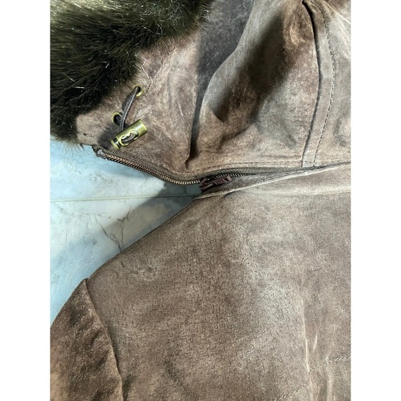 BGSD Womens Brown Suede Parka Jacket Fur Trim Hood Quilted Lined Coat M - Picture 15 of 16